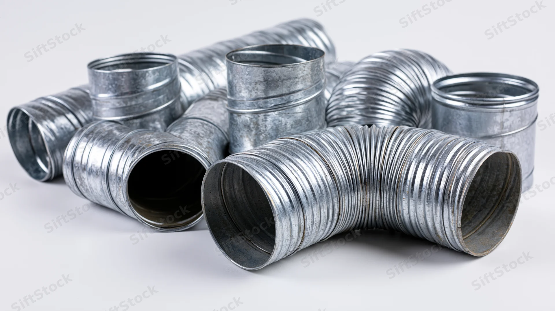 Assorted galvanized steel hvac duct fittings and flexible pipes on white background