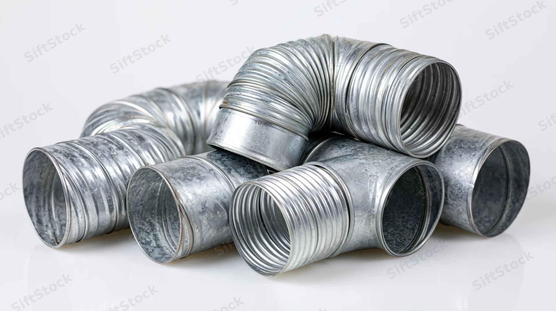 Flexible galvanized steel hvac duct fittings arranged in a pile on a white surface