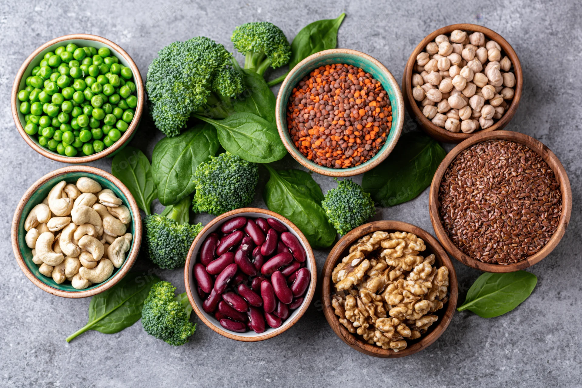 Assorted legumes nuts and vegetables in ceramic and wooden bowls arranged on gray surface