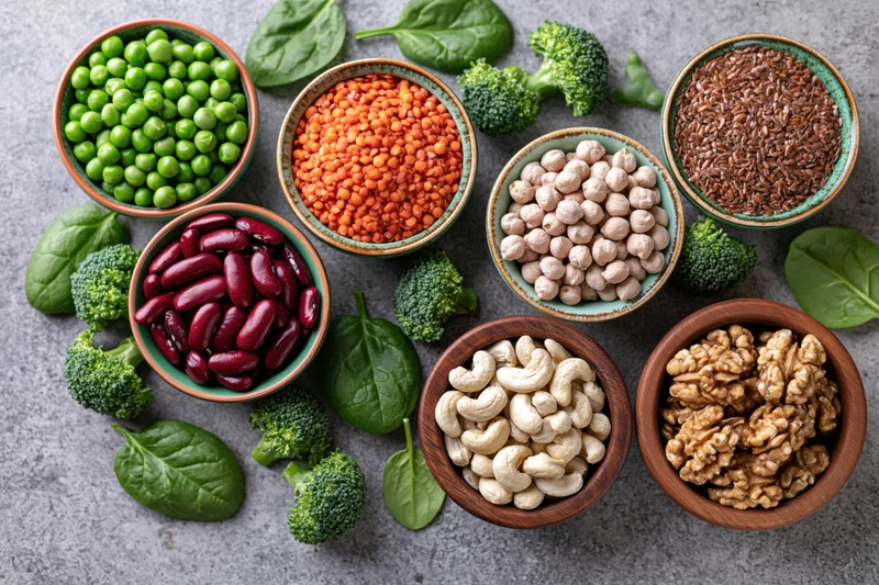 Assorted legumes nuts and vegetables in ceramic and wooden bowls arranged on gray surface