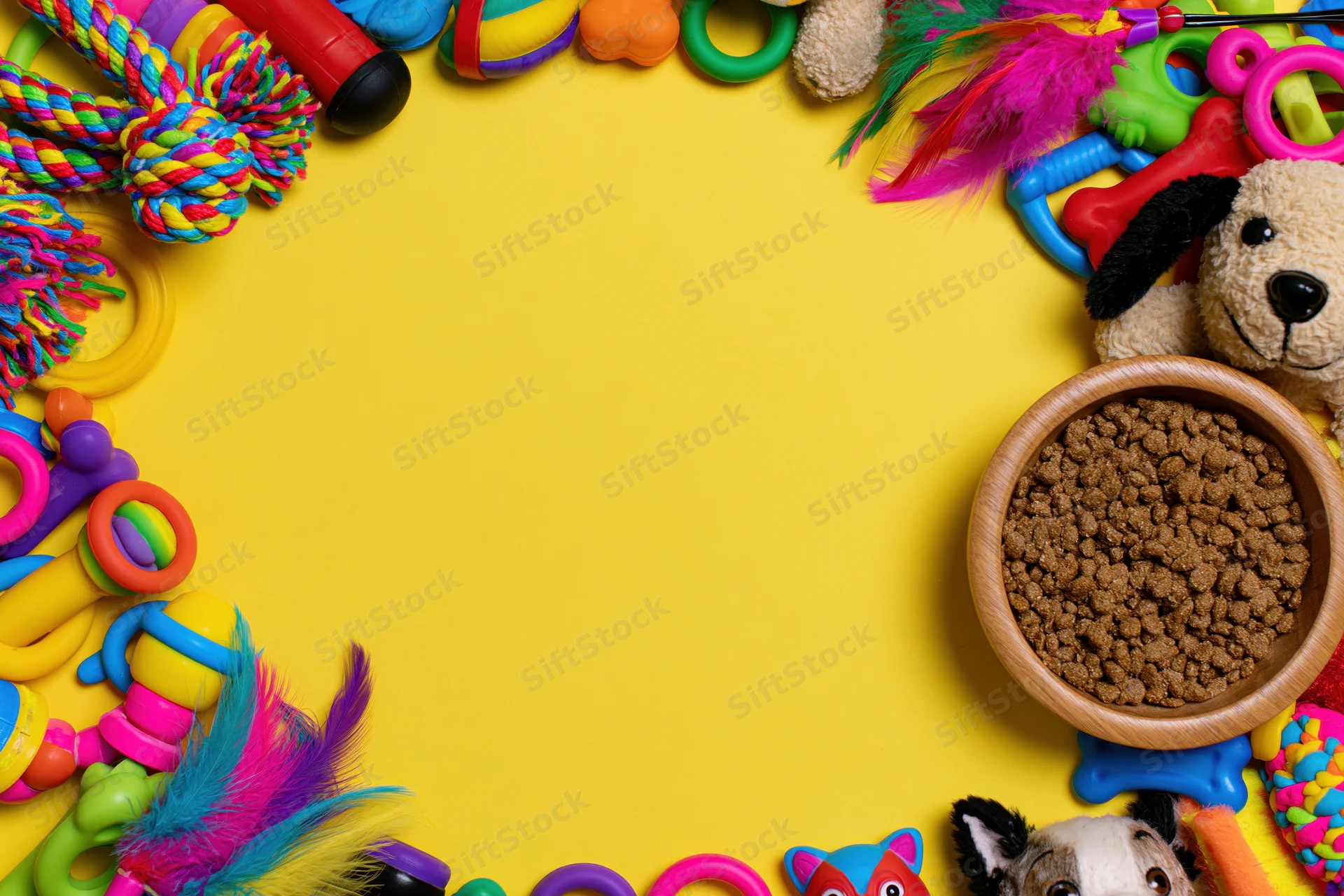 Assorted pet toys and accessories arranged in a flat lay frame on yellow background with copyspace