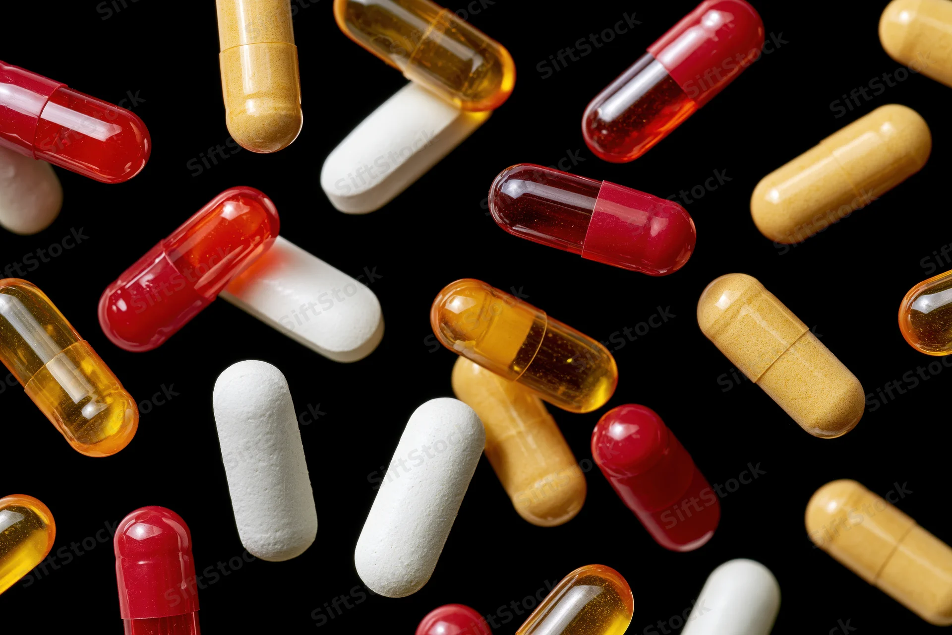 Assorted pharmaceutical capsules and gel pills suspended mid-air against black background