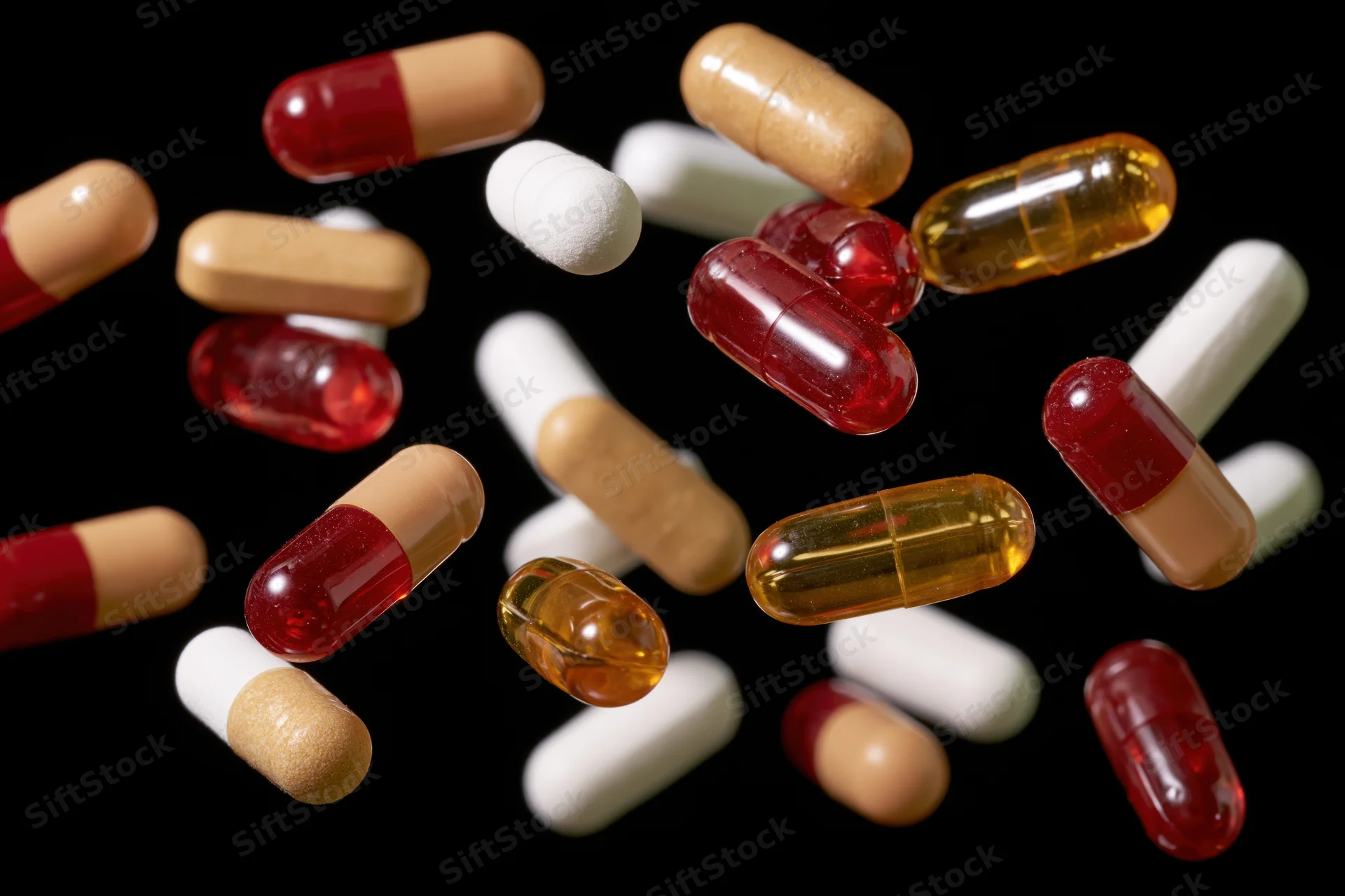 Assorted pharmaceutical capsules and gel pills suspended mid-air against black background
