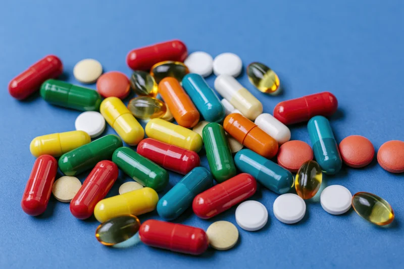 Assorted pharmaceutical capsules tablets and gel softgels scattered on blue surface