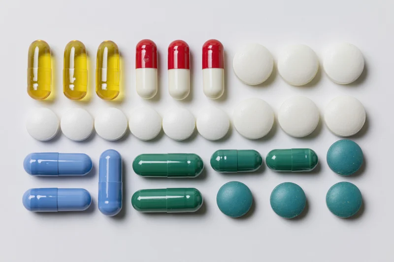 Assorted pharmaceutical pills and capsules arranged in rows on white background