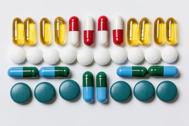 Assorted pharmaceutical pills and capsules arranged in rows on white background