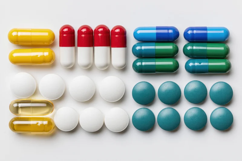 Assorted pharmaceutical pills and capsules arranged in rows on a white surface
