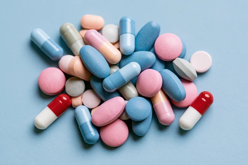 Assorted pharmaceutical pills and capsules scattered on a light blue surface