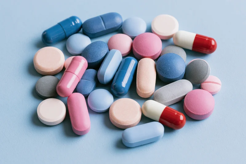 Assorted pharmaceutical pills and capsules scattered on a light blue surface