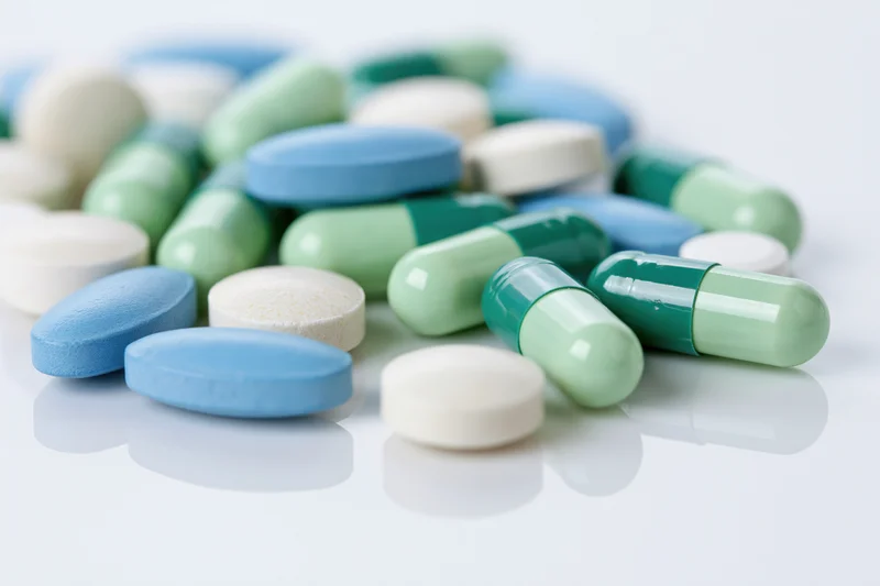 Assorted pharmaceutical pills and capsules scattered on a reflective white surface