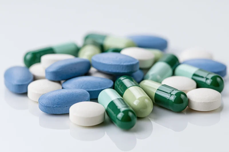 Assorted pharmaceutical pills and capsules scattered on a white surface