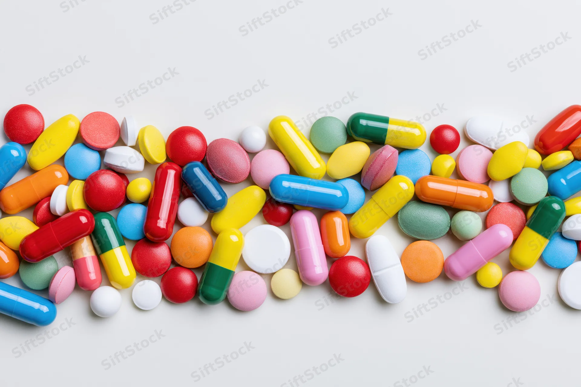 Assorted colorful pharmaceutical pills and capsules scattered loosely on white surface