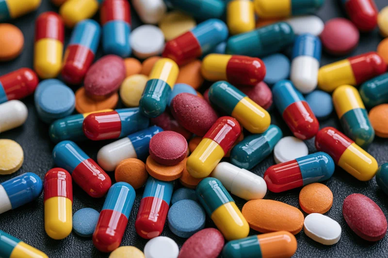 Assorted pharmaceutical pills and capsules scattered on a dark surface