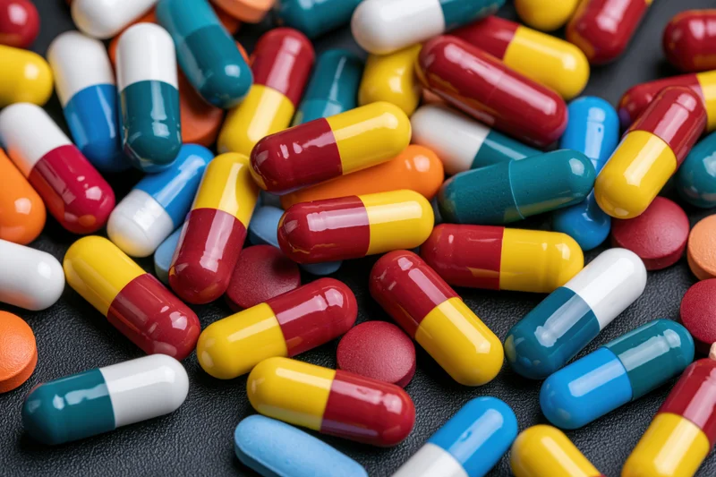 Assorted colorful pharmaceutical capsules and tablets scattered on a dark textured surface