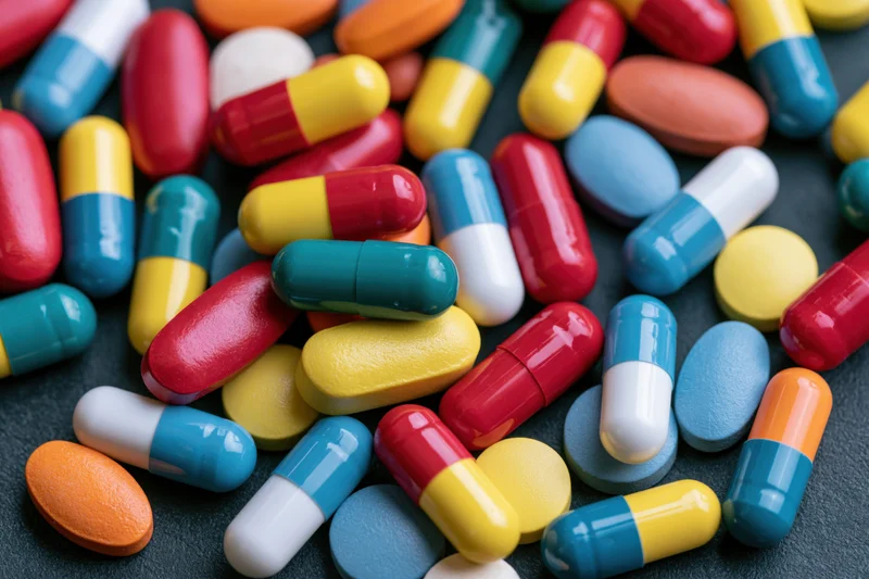 Assorted pharmaceutical pills and capsules scattered on dark surface