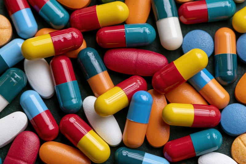 Assorted pharmaceutical capsules and tablets scattered on a dark surface