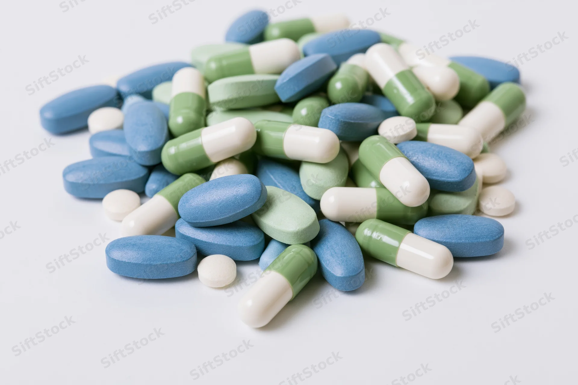 Assorted pharmaceutical pills and capsules scattered loosely on a white surface