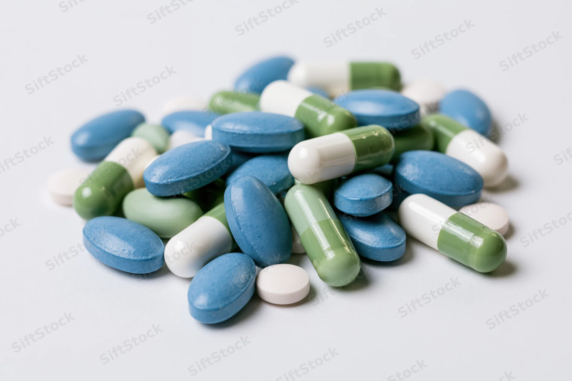 Assorted pharmaceutical pills and capsules scattered on a white surface