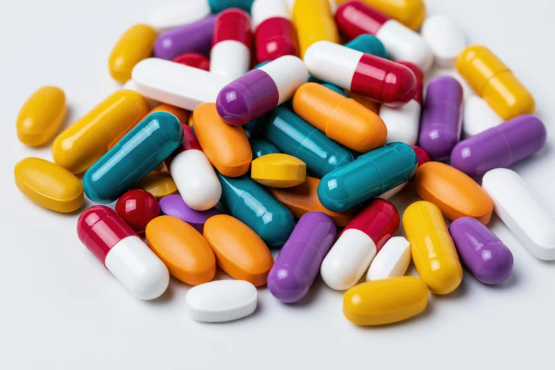 Assorted colorful pills and capsules scattered on white surface