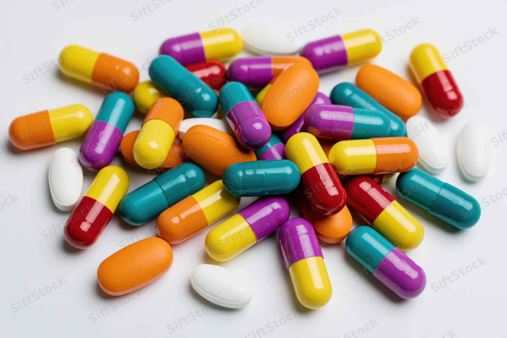 Assorted colorful capsules and white tablets scattered on a white surface