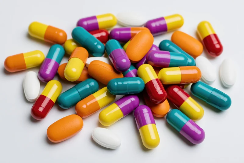 Assorted colorful capsules and white tablets scattered on a white surface