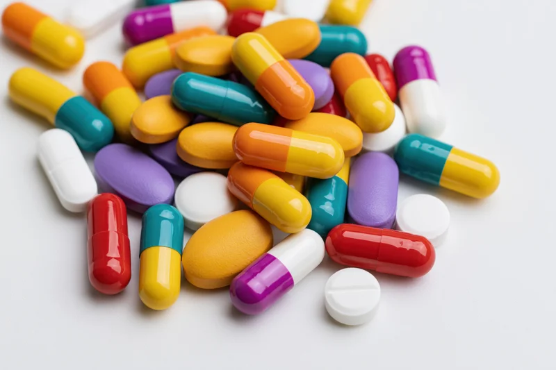 Assorted pharmaceutical pills and capsules scattered on a white surface