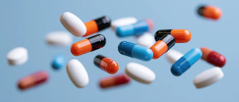 Assorted pharmaceutical pills and capsules floating mid-air against a blue background