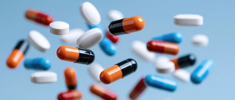 Assorted pharmaceutical pills and capsules floating mid-air against a blue background