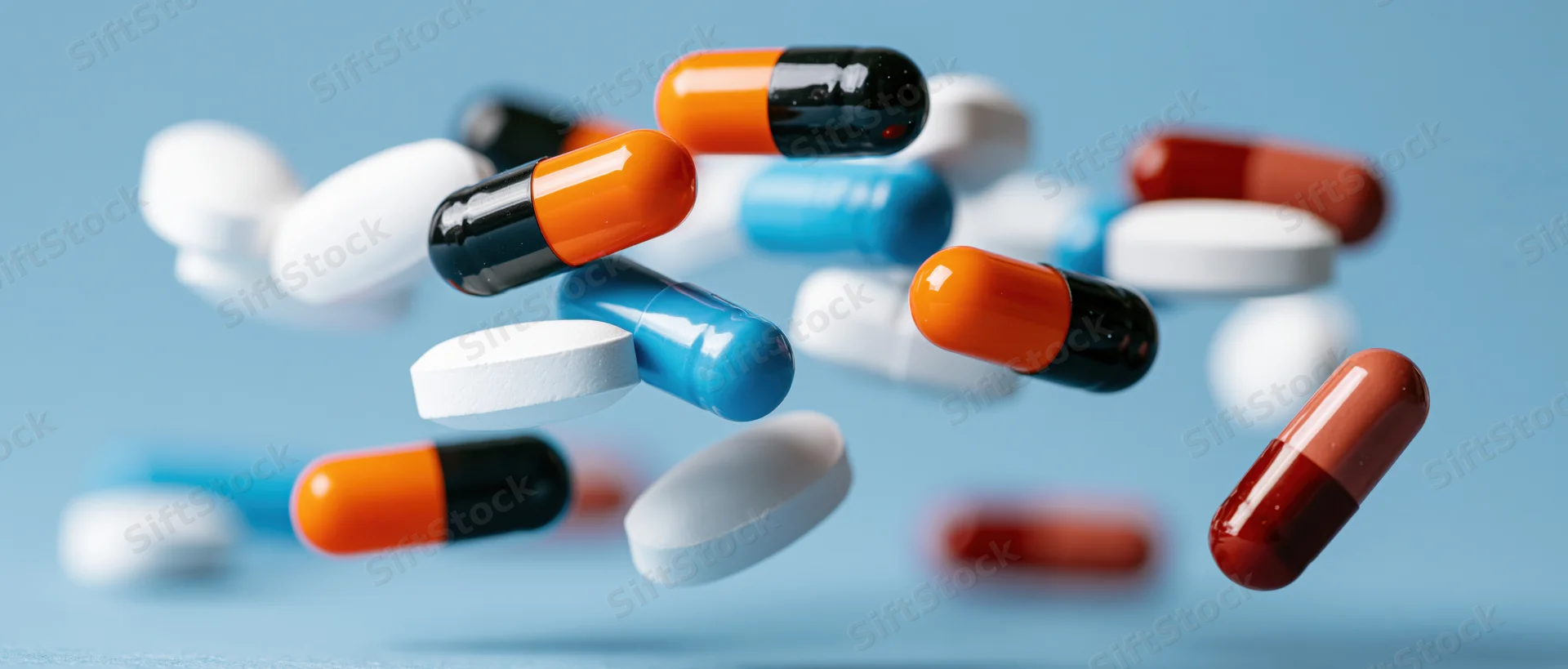 Assorted pharmaceutical capsules and pills floating mid-air against a blue background