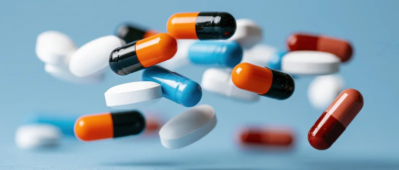 Assorted pharmaceutical capsules and pills floating mid-air against a blue background