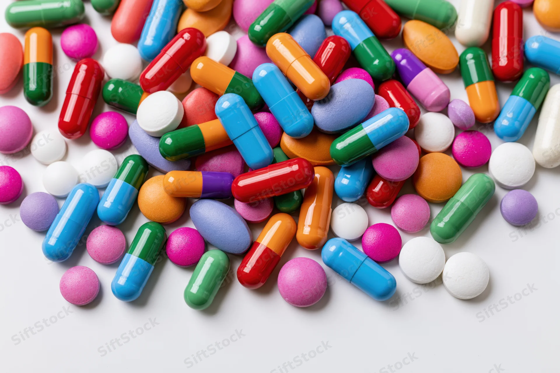 Assorted pharmaceutical pills and capsules scattered on a white surface