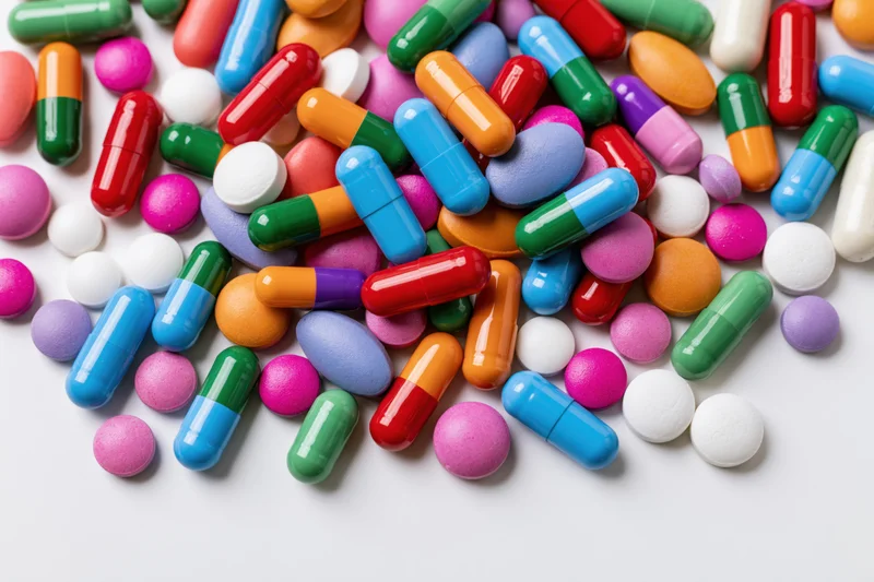 Assorted pharmaceutical pills and capsules scattered on a white surface