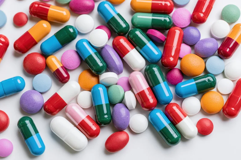 Assorted pharmaceutical pills and capsules scattered randomly on white surface