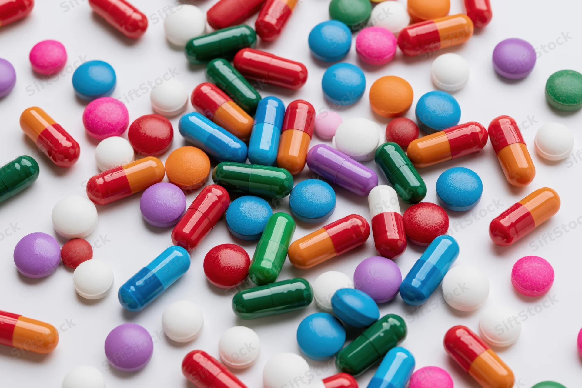 Assorted pharmaceutical pills and capsules scattered randomly on white surface