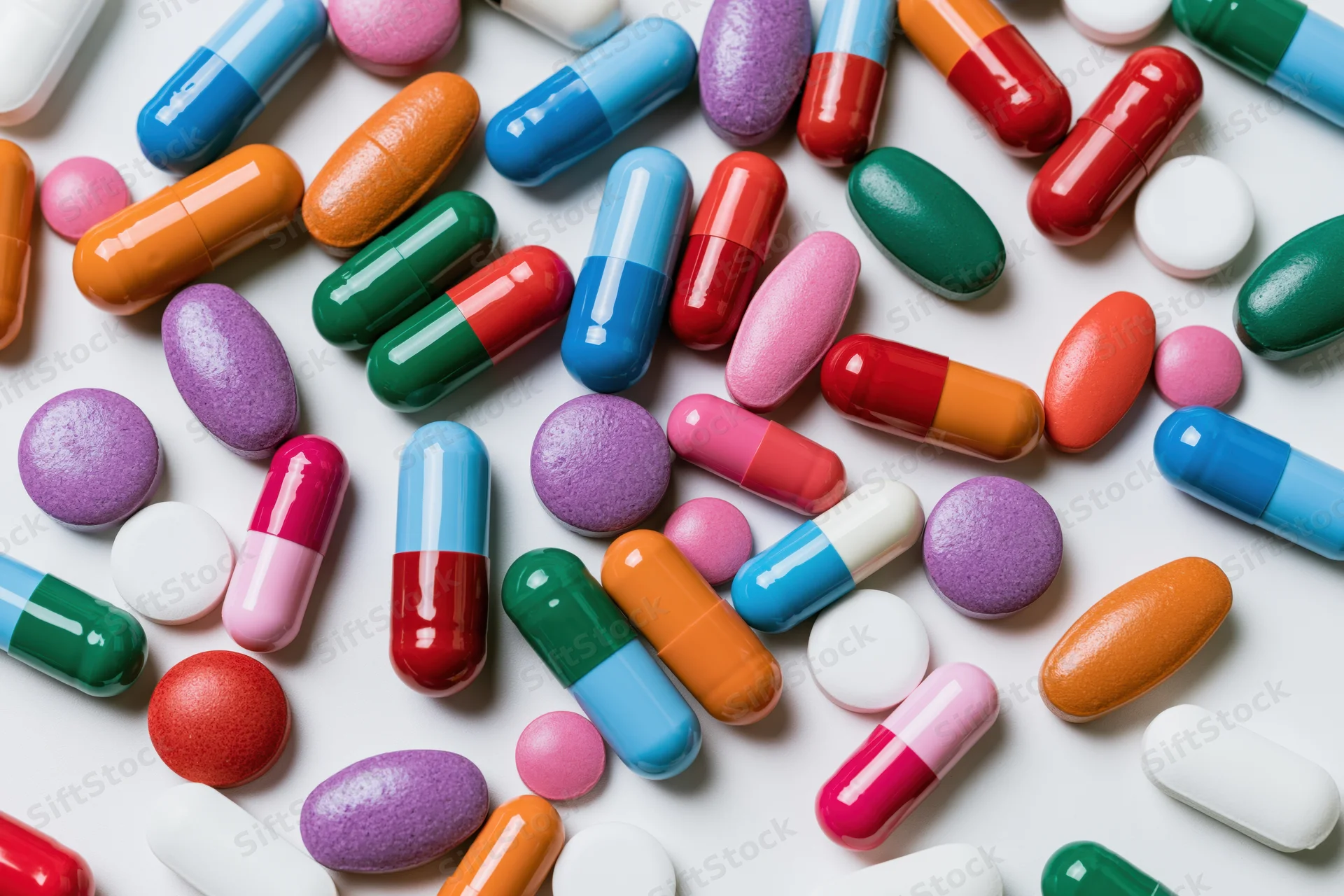 Assorted pharmaceutical pills and capsules scattered randomly on white surface