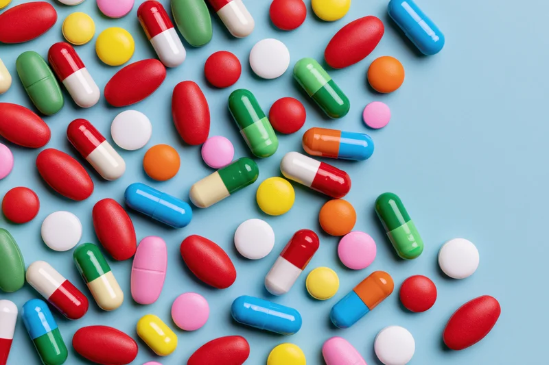 Assorted pharmaceutical pills and capsules scattered on a blue surface