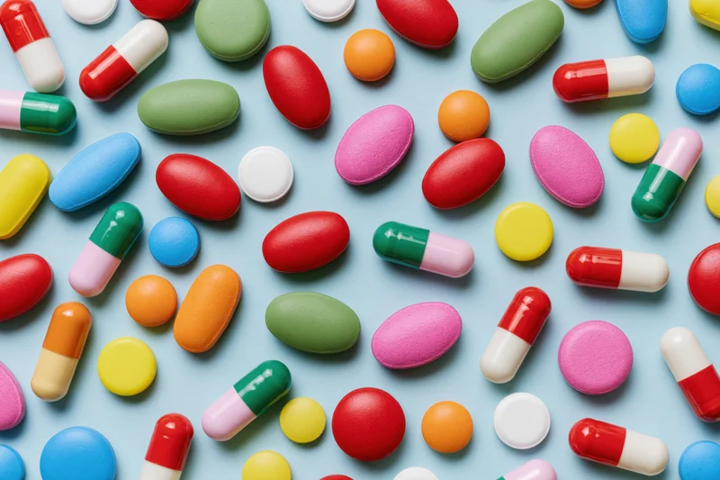 Assorted colorful pills and capsules scattered randomly on a light blue surface