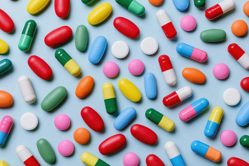 Assorted colorful pills and capsules scattered on a light blue surface