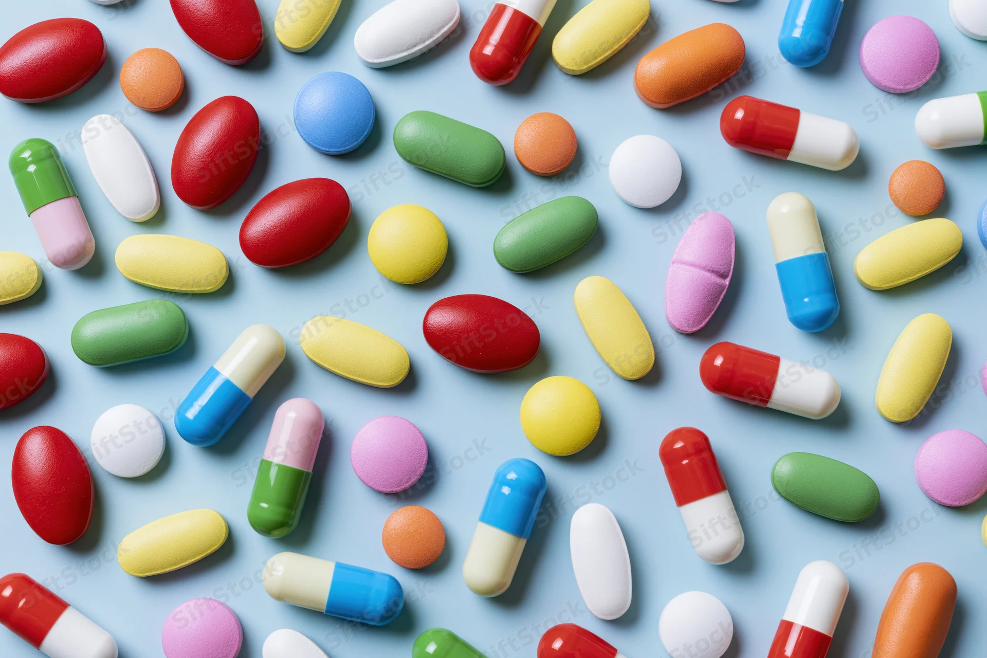 Assorted pharmaceutical pills and capsules scattered randomly on a blue surface
