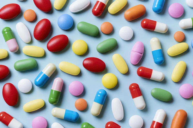 Assorted pharmaceutical pills and capsules scattered randomly on a blue surface