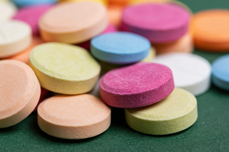 Colorful pharmaceutical tablets piled together on a green surface