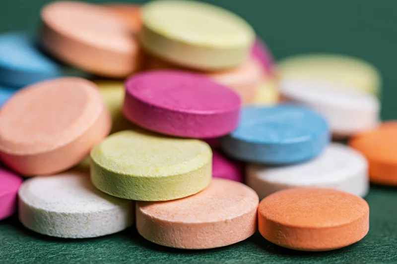 Colorful pharmaceutical tablets piled together on a dark green surface
