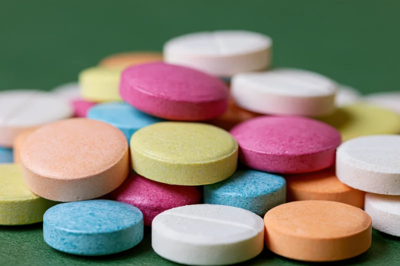 Colorful pharmaceutical tablets piled together on a green surface