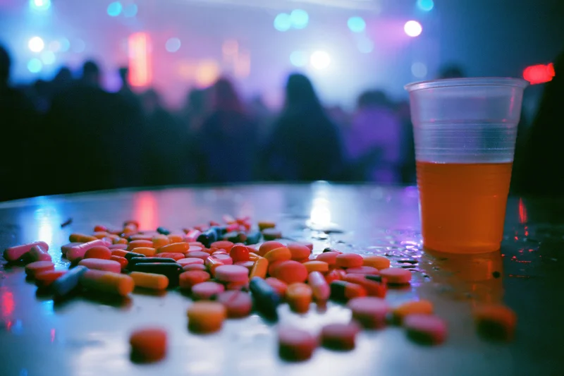 Scattered colorful pills and capsules on a table beside a plastic cup of orange drink at a dimly lit party with blurred crowd and neon lights in the background