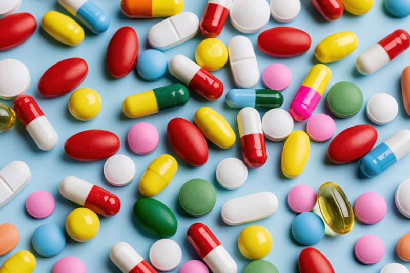Assorted colorful pills and capsules scattered randomly on a blue background
