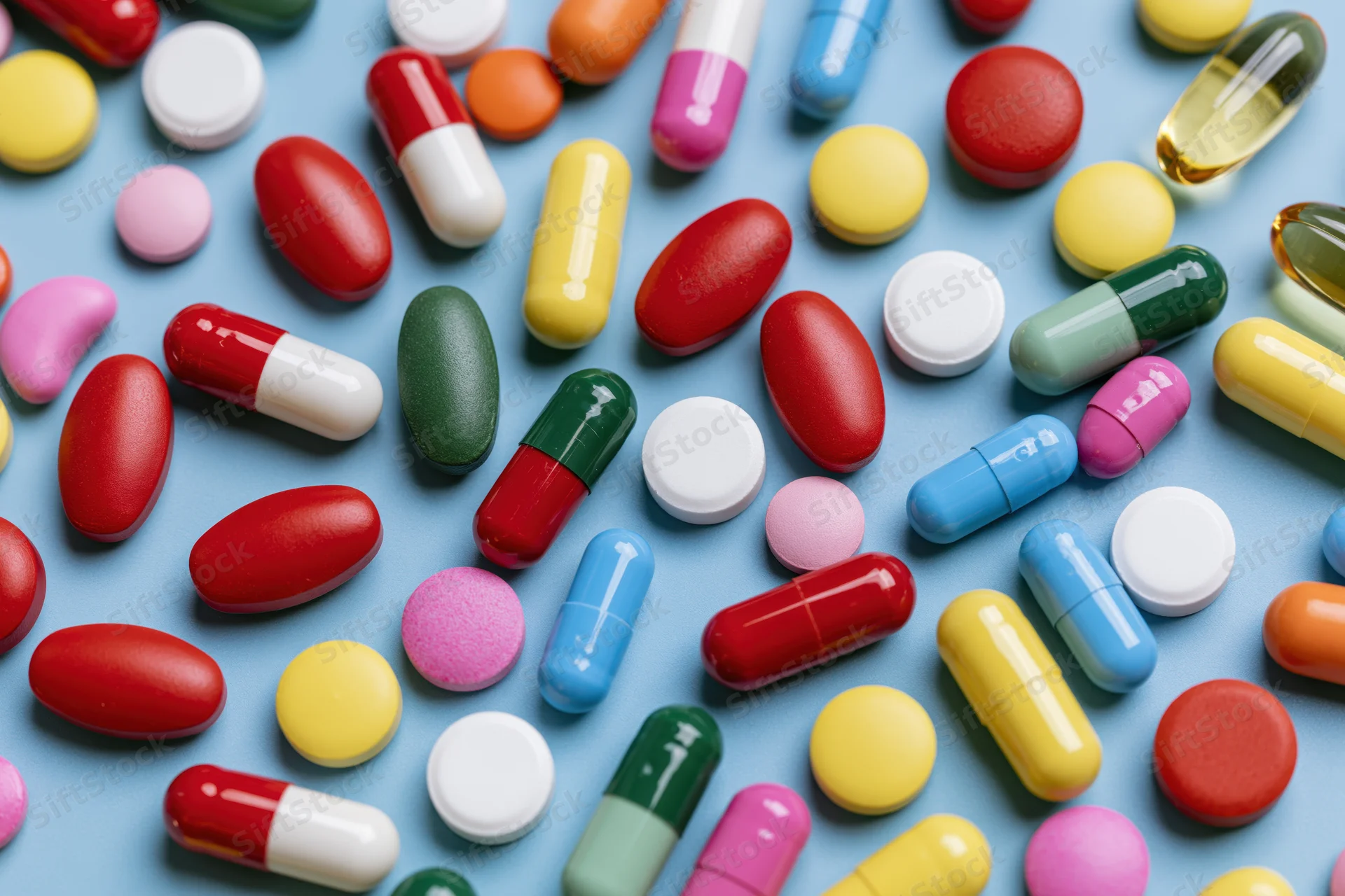 Assorted colorful pills tablets and capsules scattered on blue surface in flat lay view