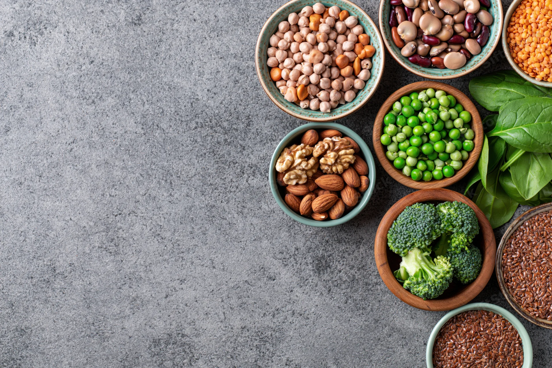 Assorted plant-based protein foods in ceramic and wooden bowls arranged on gray surface