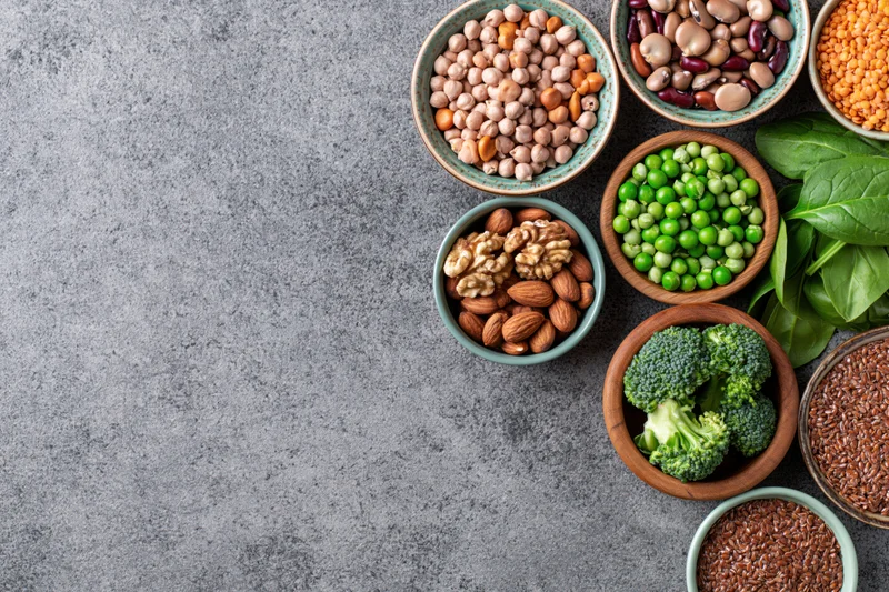 Assorted plant-based protein foods in ceramic and wooden bowls arranged on gray surface