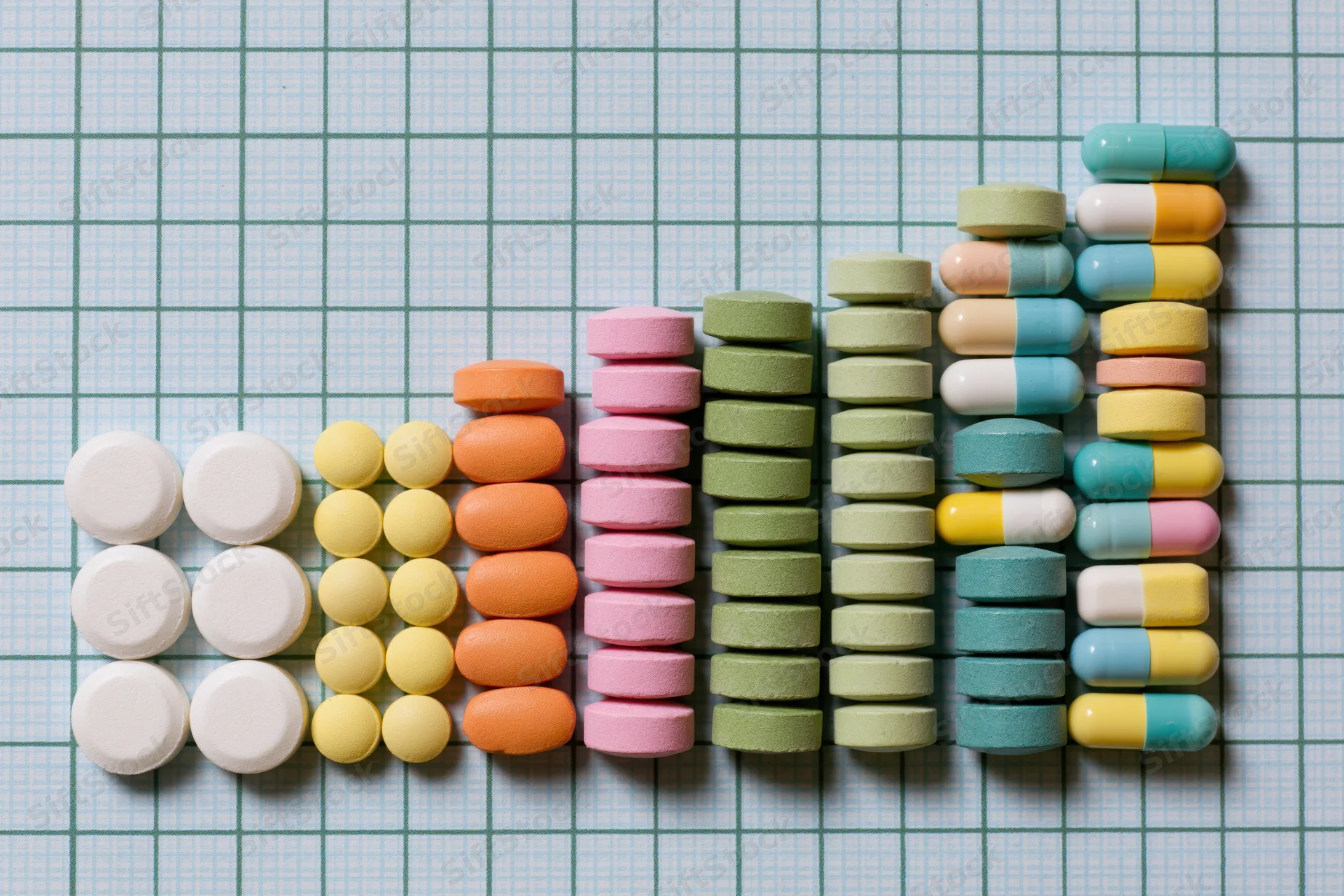 Colorful pills and capsules arranged in a rising bar graph on graph paper