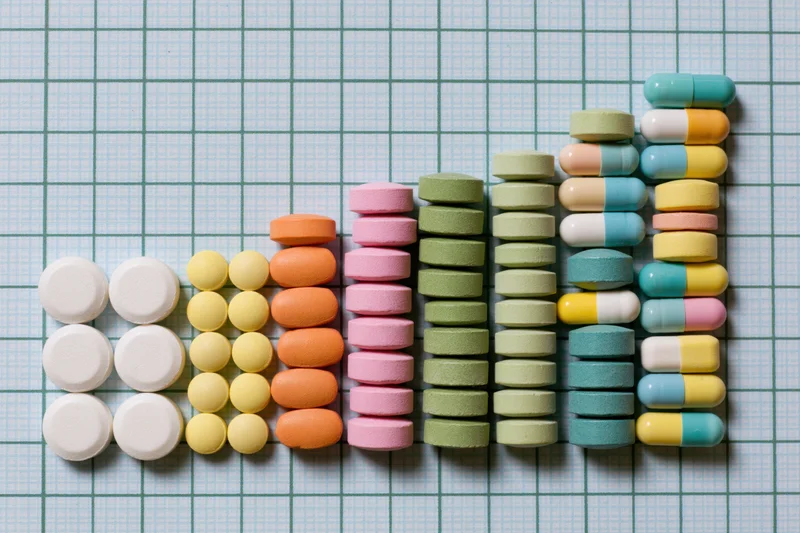 Colorful pills and capsules arranged in a rising bar graph on graph paper
